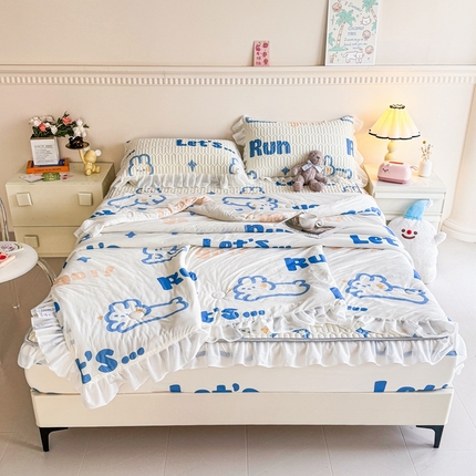 91家纺网 家纺一手货源 找家纺 康纳利 2024新款乳胶床笠印花款花边乳胶凉席三件套夏被四件套乳胶席子 线条兔-花边款