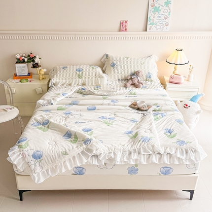 91家纺网 家纺一手货源 找家纺 康纳利 2024新款乳胶床笠印花款花边乳胶凉席三件套夏被四件套乳胶席子 知夏-花边款