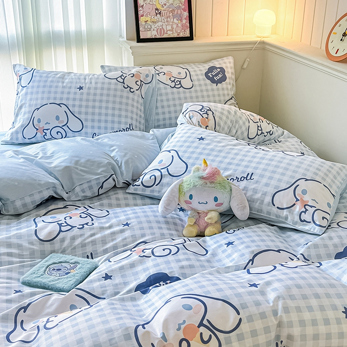 91家纺网 家纺一手货源 找家纺 顾里2024新款40支活性印花13372喷气全棉三丽鸥系列四件套 蓝格玉桂兔