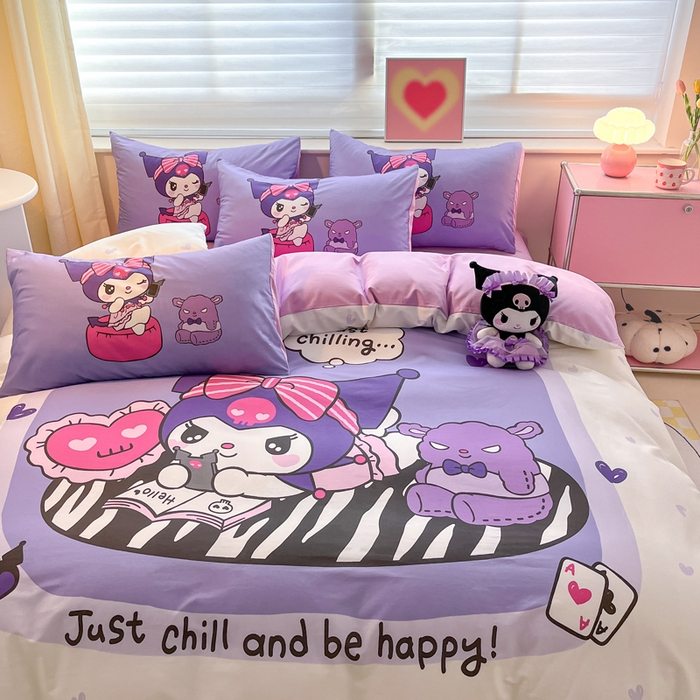 91家纺网 家纺一手货源 找家纺 金爱家 2024新款大阪全棉数码印花三丽鸥系列四件套 贪玩库洛米紫