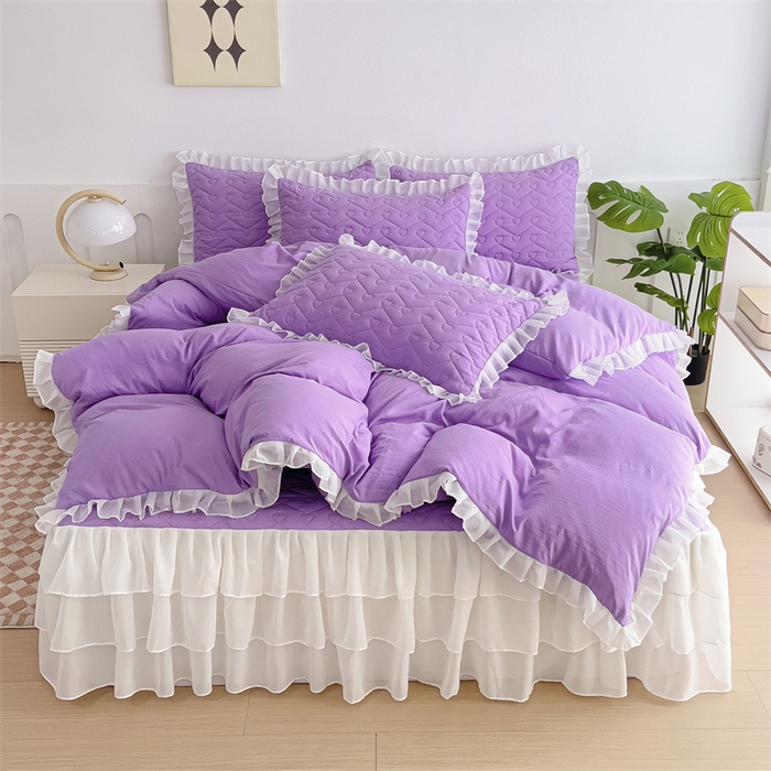 91家纺网 家纺一手货源 找家纺 屹成 2024新款水洗棉雪纺丽莎款床裙款四件套 浅紫