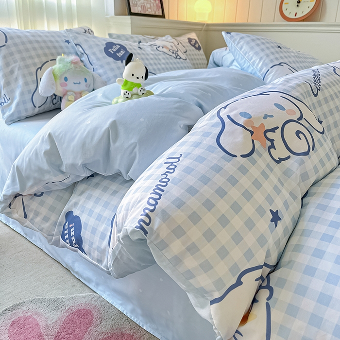 91家纺网 家纺一手货源 找家纺 顾里2024新款40支活性印花13372喷气全棉三丽鸥系列四件套 蓝格玉桂兔