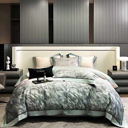 91家纺网 家纺一手货源 找家纺 博纳家纺 2024新款轻奢风纯棉四件套-利奥 水绿