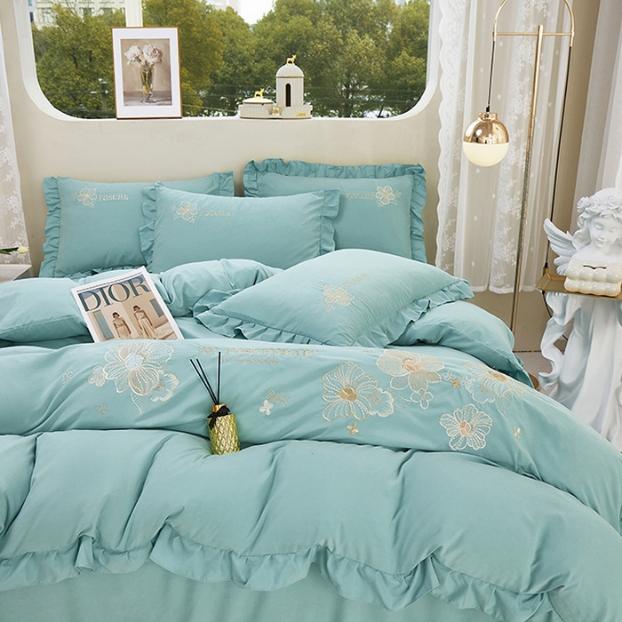 91家纺网 家纺一手货源 找家纺 苏木年华 2024新款春光里系列韩版荷叶边刺绣加大床单四件套 春湖绿