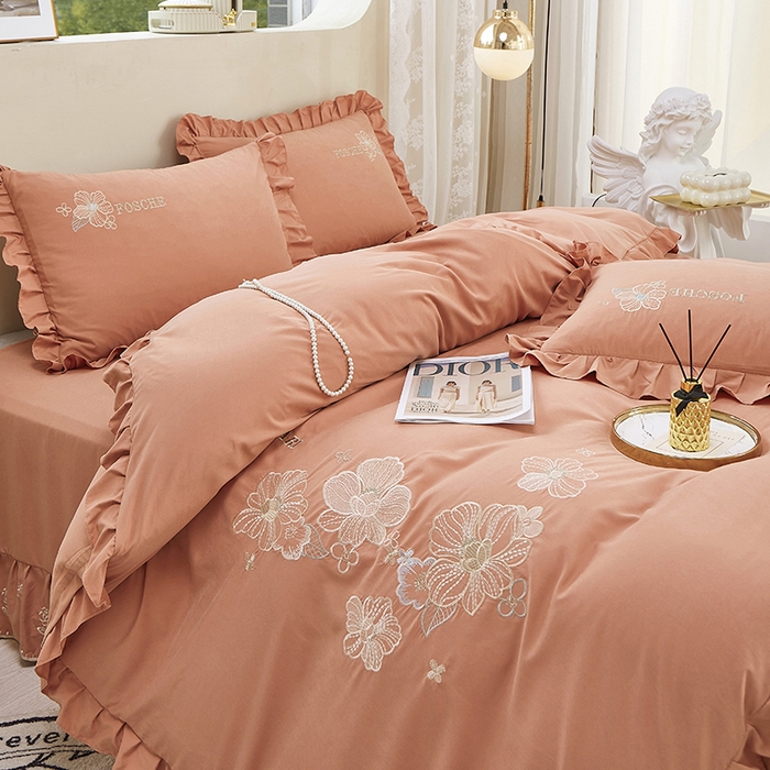 91家纺网 家纺一手货源 找家纺 苏木年华 2024新款春光里系列韩版荷叶边刺绣加大床单四件套 活力橘