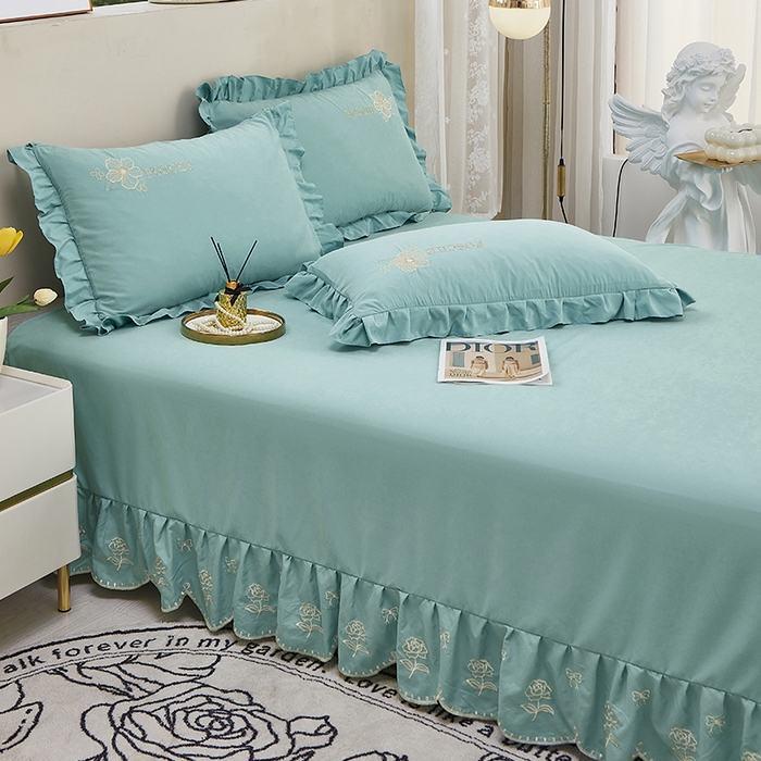 91家纺网 家纺一手货源 找家纺 苏木年华 2024新款春光里系列韩版荷叶边刺绣加大床单四件套 春湖绿