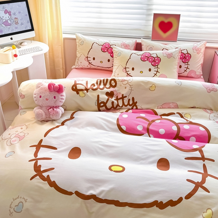 91家纺网 家纺一手货源 找家纺 金爱家 2024新款大阪全棉数码印花三丽鸥系列四件套 爱心kt