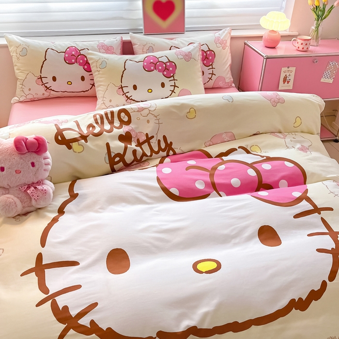 91家纺网 家纺一手货源 找家纺 金爱家 2024新款大阪全棉数码印花三丽鸥系列四件套 爱心kt