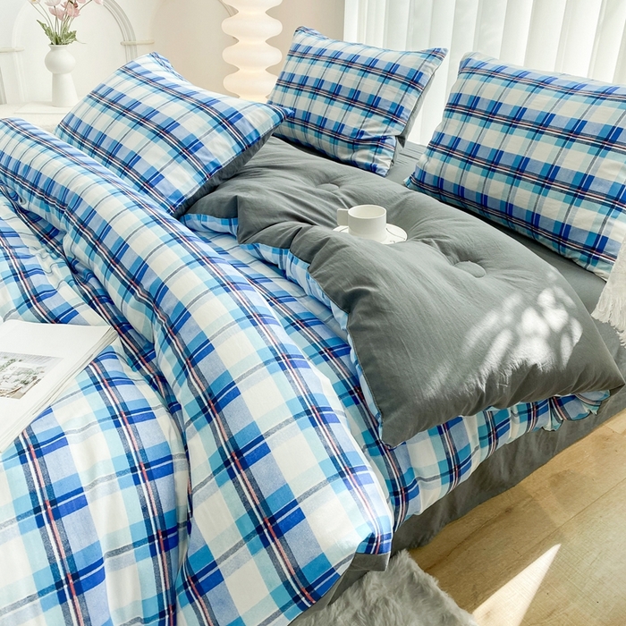 91家纺网 家纺一手货源 找家纺 啊雅家居 2025新款水洗棉条纹印花夏被冬被四件套-床单款 冬被 日系条格蓝