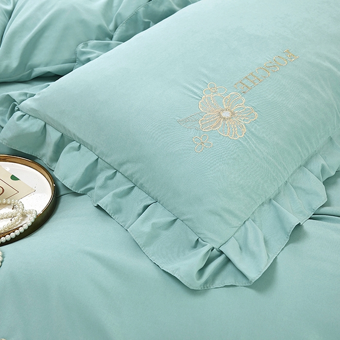 91家纺网 家纺一手货源 找家纺 苏木年华 2024新款春光里系列韩版荷叶边刺绣加大床单四件套 春湖绿