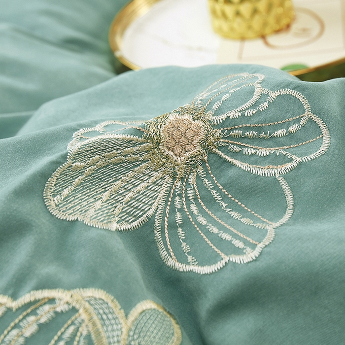 91家纺网 家纺一手货源 找家纺 苏木年华 2024新款春光里系列韩版荷叶边刺绣加大床单四件套 翡翠绿
