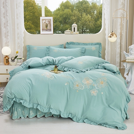 苏木年华 2024新款春光里系列韩版荷叶边刺绣加大床单四件套 春湖绿
