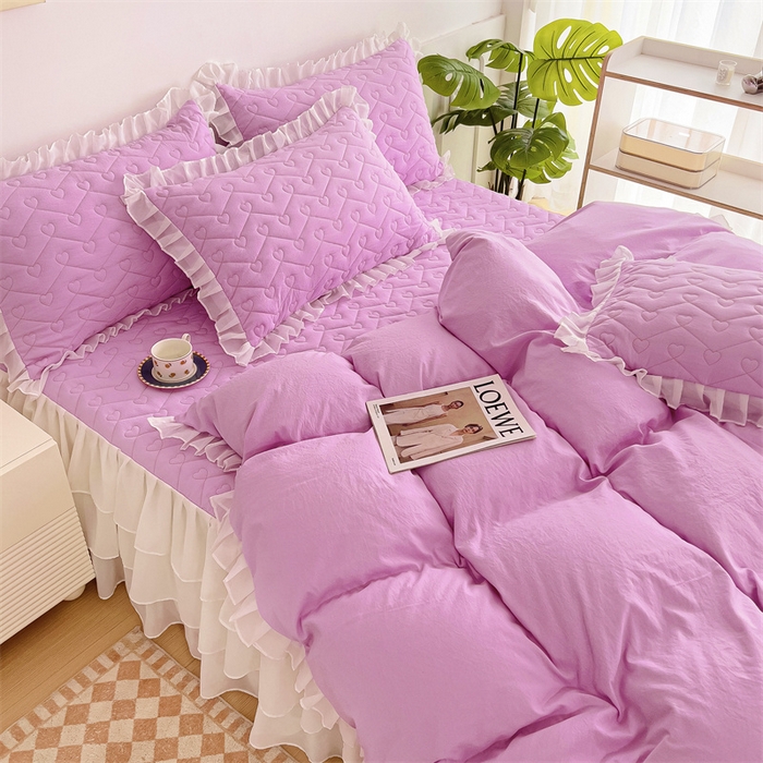 91家纺网 家纺一手货源 找家纺 屹成 2024新款水洗棉雪纺丽莎款单床裙 粉红