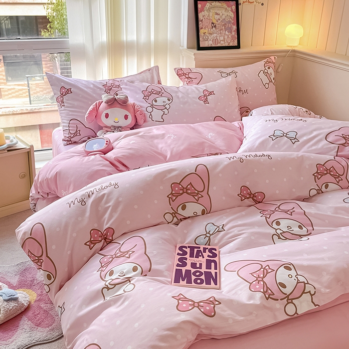 91家纺网 家纺一手货源 找家纺 顾里2024新款40支活性印花13372喷气全棉三丽鸥系列四件套 波点美乐蒂