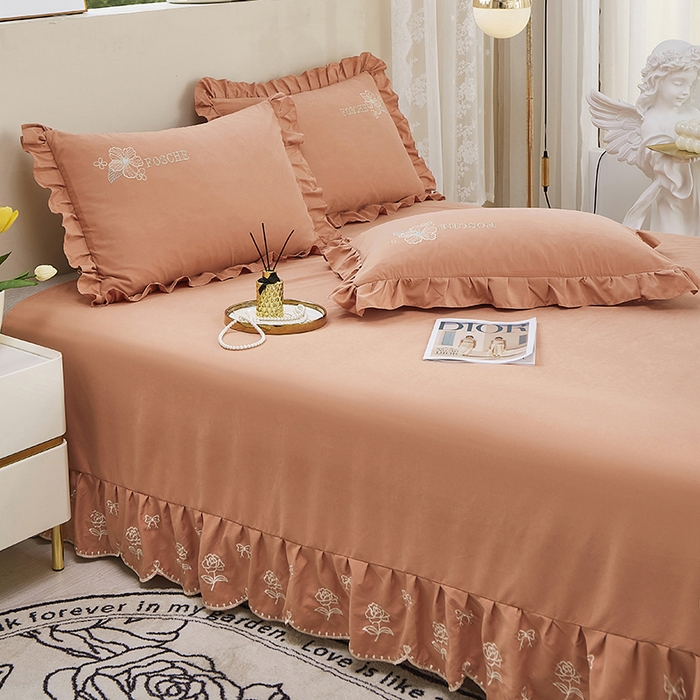 91家纺网 家纺一手货源 找家纺 苏木年华 2024新款春光里系列韩版荷叶边刺绣加大床单四件套 活力橘