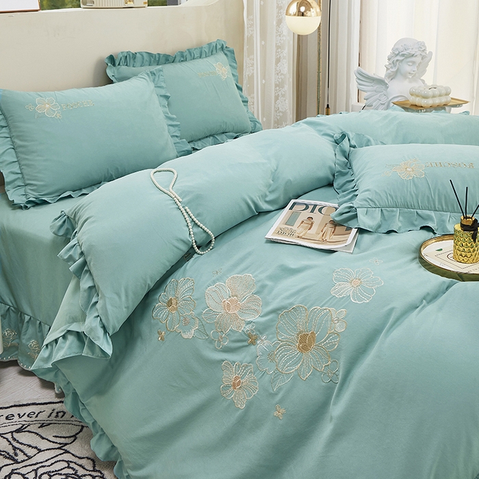 91家纺网 家纺一手货源 找家纺 苏木年华 2024新款春光里系列韩版荷叶边刺绣加大床单四件套 春湖绿