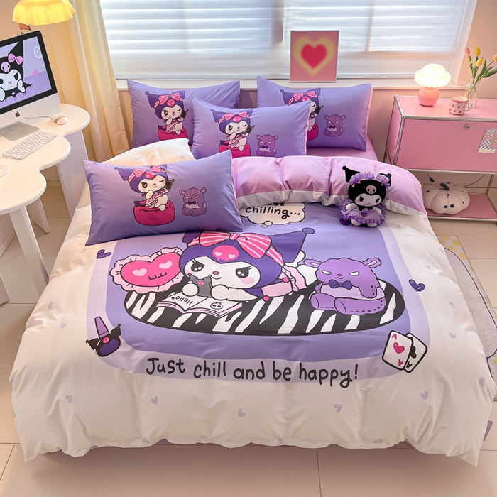 91家纺网 家纺一手货源 找家纺 金爱家 2024新款大阪全棉数码印花三丽鸥系列四件套 贪玩库洛米紫