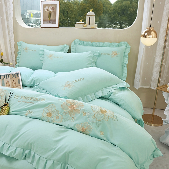 91家纺网 家纺一手货源 找家纺 苏木年华 2024新款春光里系列韩版荷叶边刺绣加大床单四件套 青春绿