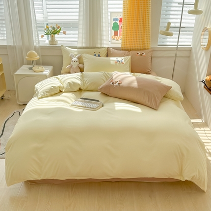 韩都家居 2024新款水洗棉萌眼系列四件套 嫩黄+浅咖