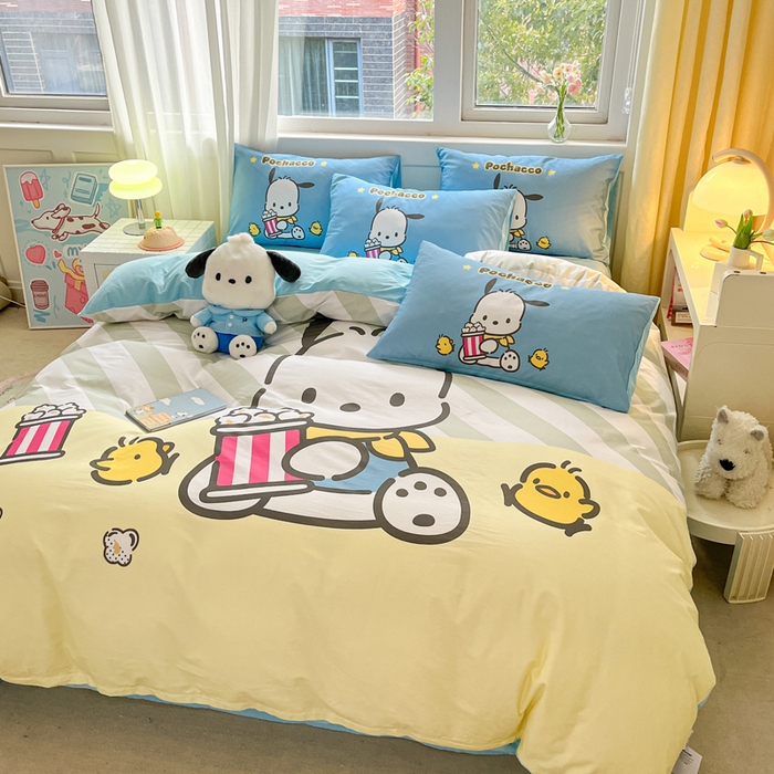 91家纺网 家纺一手货源 找家纺 金爱家 2024新款大阪全棉数码印花三丽鸥系列四件套 爆米花帕哈狗