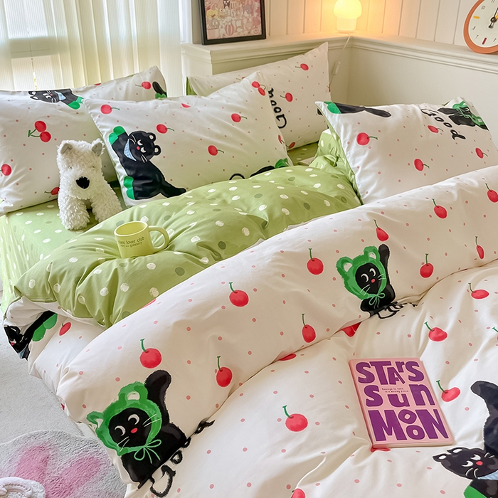 91家纺网 家纺一手货源 找家纺 顾里2024新款40支13372全棉四件套-韩风系列 樱桃黑猫