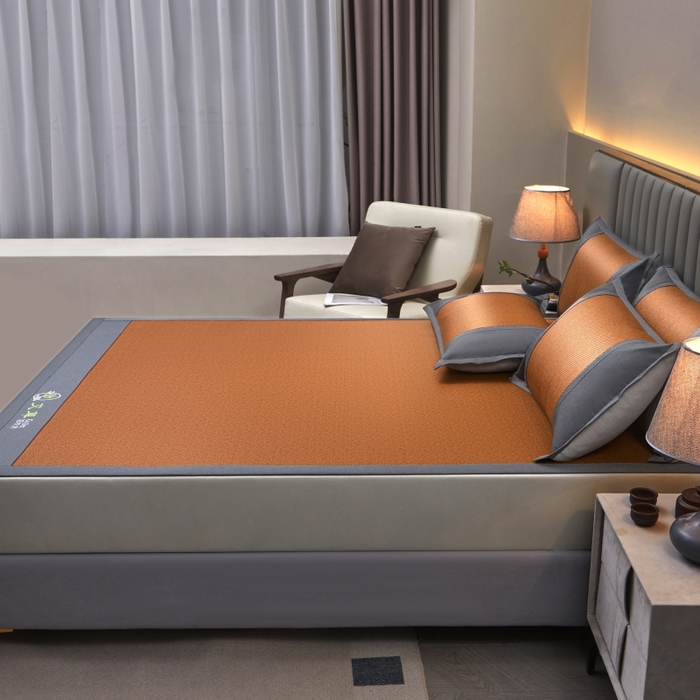 91家纺网 家纺一手货源 找家纺 青雅席业 2025新款艾草pe材质印尼藤复合三明治凉席三件套 棕