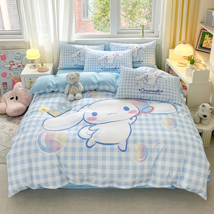 91家纺网 家纺一手货源 找家纺 金爱家 2024新款大阪全棉数码印花三丽鸥系列四件套 泡泡玉桂狗