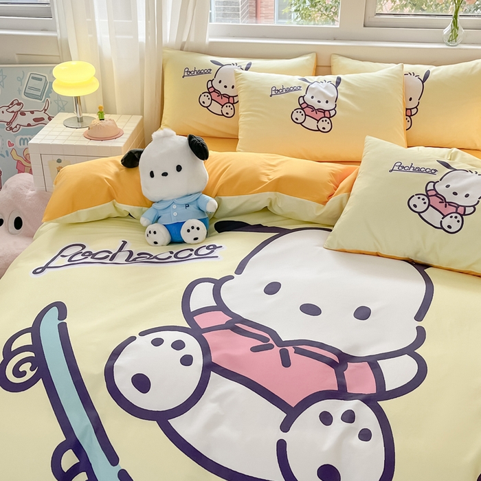 91家纺网 家纺一手货源 找家纺 金爱家 2024新款大阪全棉数码印花三丽鸥系列四件套 酷玩帕哈狗