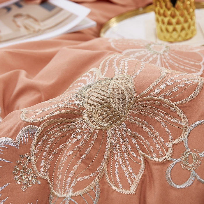 91家纺网 家纺一手货源 找家纺 苏木年华 2024新款春光里系列韩版荷叶边刺绣加大床单四件套 活力橘