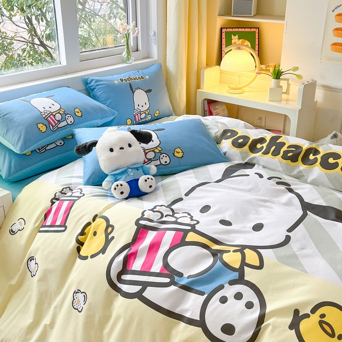 91家纺网 家纺一手货源 找家纺 金爱家 2024新款大阪全棉数码印花三丽鸥系列四件套 爆米花帕哈狗