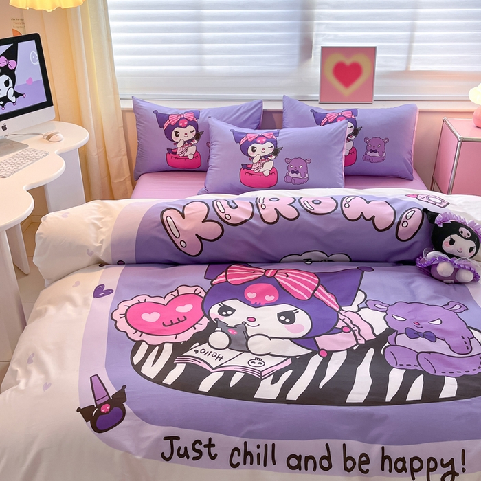 91家纺网 家纺一手货源 找家纺 金爱家 2024新款大阪全棉数码印花三丽鸥系列四件套 贪玩库洛米紫