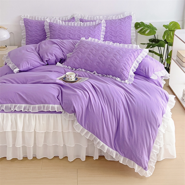 91家纺网 家纺一手货源 找家纺 屹成 2024新款水洗棉雪纺丽莎款床裙款四件套 浅紫