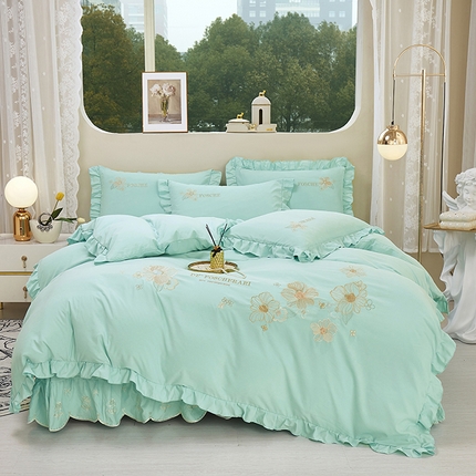 苏木年华 2024新款春光里系列韩版荷叶边刺绣加大床单四件套 青春绿