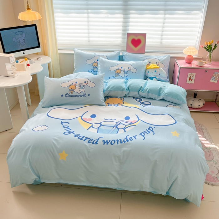 91家纺网 家纺一手货源 找家纺 金爱家 2024新款大阪全棉数码印花三丽鸥系列四件套 汽水玉桂狗