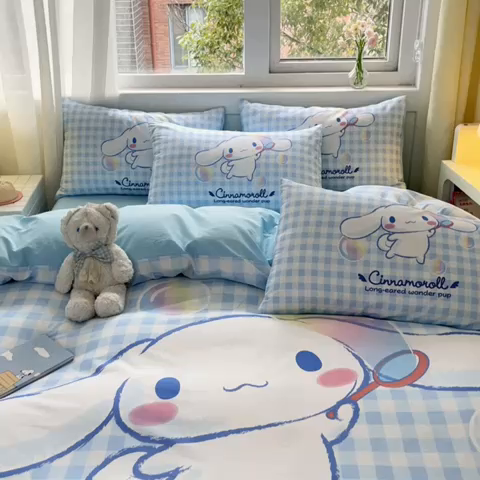 91家纺网 家纺一手货源 找家纺 金爱家 2024新款大阪全棉数码印花三丽鸥系列四件套 泡泡玉桂狗