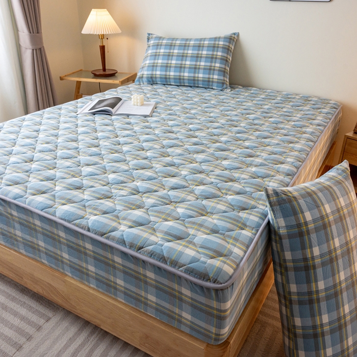 91家纺网 家纺一手货源 找家纺 X猫先生床笠 2024新款全棉色织水洗棉夹棉床笠 莫妮-蓝