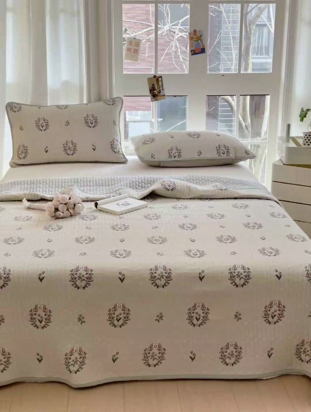 91家纺网 家纺一手货源 找家纺 美优兰 2025春款全棉单面高温砂洗床盖 花环