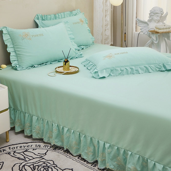 91家纺网 家纺一手货源 找家纺 苏木年华 2024新款春光里系列韩版荷叶边刺绣加大床单四件套 青春绿