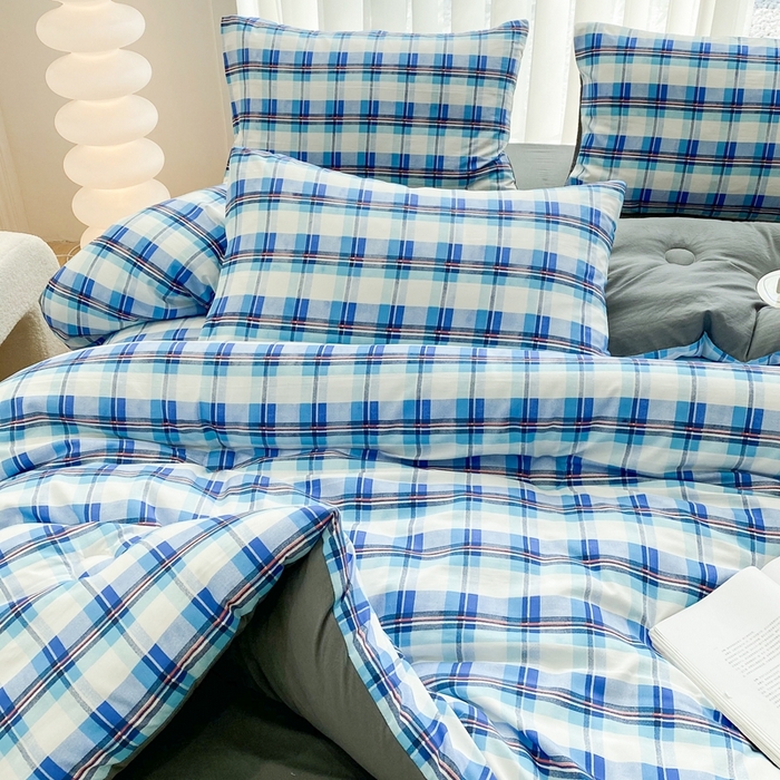 91家纺网 家纺一手货源 找家纺 啊雅家居 2025新款水洗棉条纹印花夏被冬被四件套-床单款 冬被 日系条格蓝