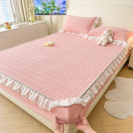 91家纺网 家纺一手货源 找家纺 康纳利 2024新款纯色加厚床笠款花边乳胶凉席乳胶席子 皮粉-花边款