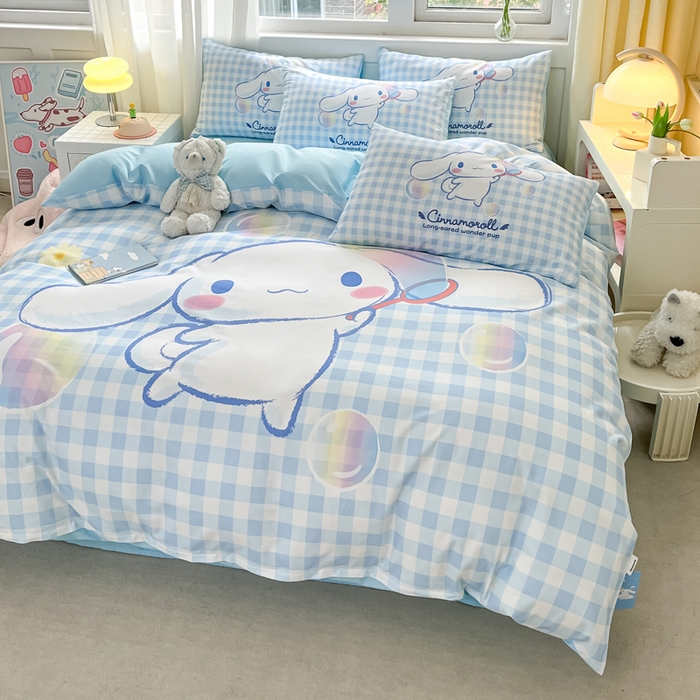 91家纺网 家纺一手货源 找家纺 金爱家 2024新款大阪全棉数码印花三丽鸥系列四件套 泡泡玉桂狗