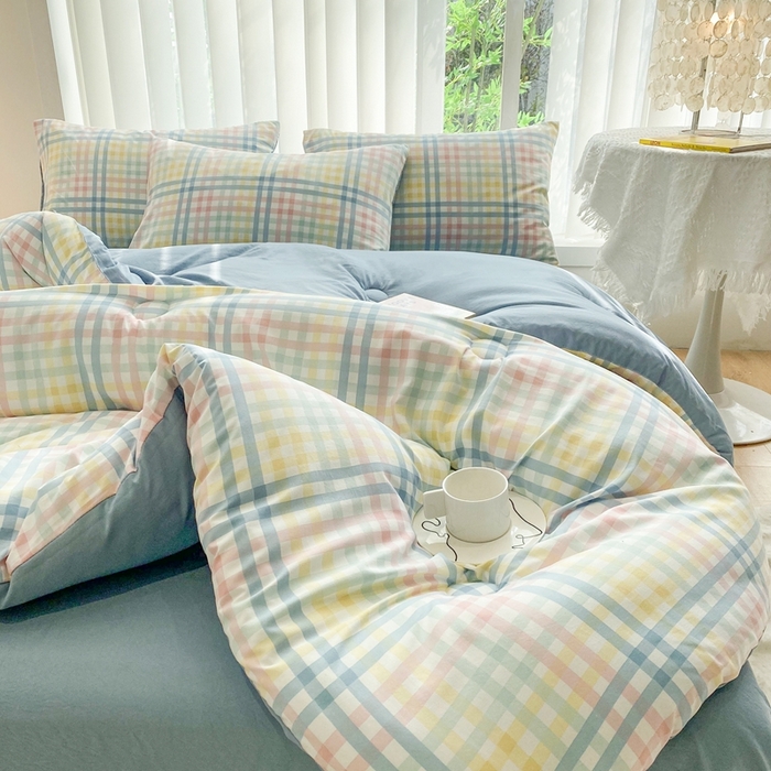 91家纺网 家纺一手货源 找家纺 啊雅家居 2025新款水洗棉条纹印花夏被冬被四件套-床单款 冬被 日系小格绿