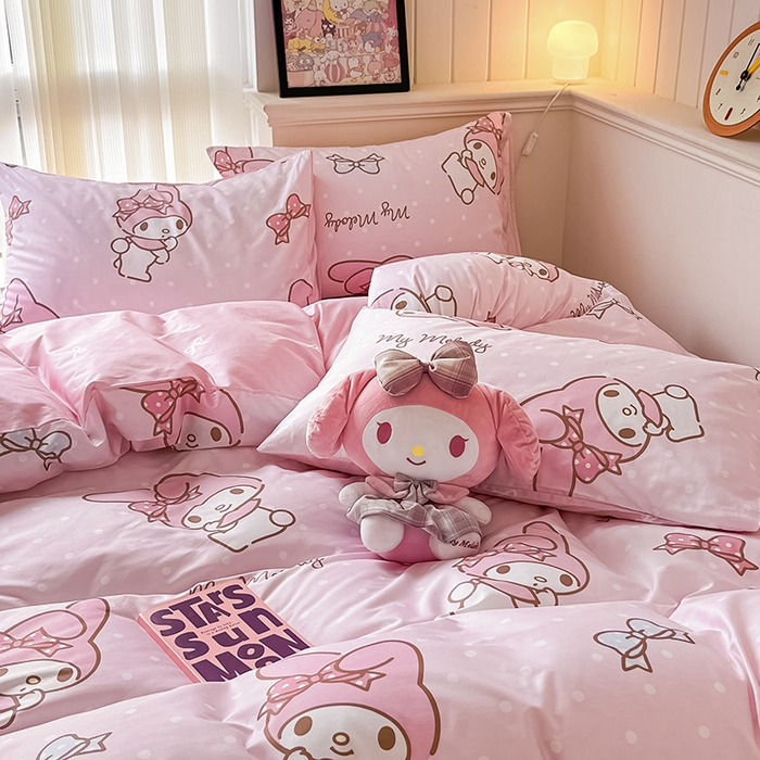 91家纺网 家纺一手货源 找家纺 顾里2024新款40支活性印花13372喷气全棉三丽鸥系列四件套 波点美乐蒂