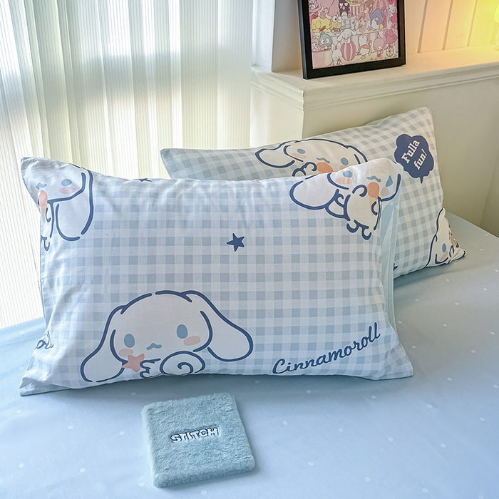 91家纺网 家纺一手货源 找家纺 顾里2024新款40支活性印花13372喷气全棉三丽鸥系列四件套 蓝格玉桂兔