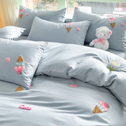 泽西家纺 2024新款全棉13376毛巾绣四件套甜甜家族系列 冰淇淋-蓝