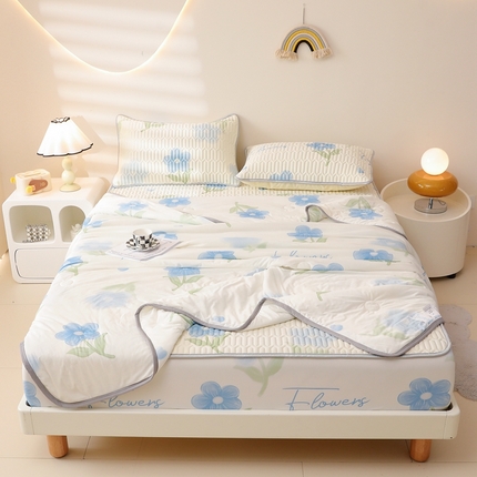 91家纺网 家纺一手货源 找家纺 康纳利 2024新款印花床笠款乳胶凉席乳胶席子 春之韵-蓝-包边款