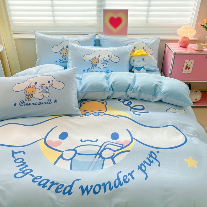 91家纺网 家纺一手货源 找家纺 金爱家 2024新款大阪全棉数码印花三丽鸥系列四件套 汽水玉桂狗