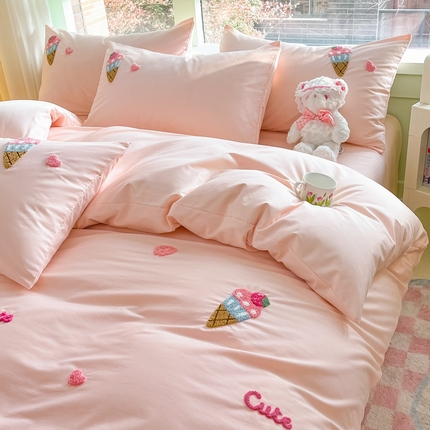 泽西家纺 2024新款全棉13376毛巾绣四件套甜甜家族系列 冰淇淋-粉