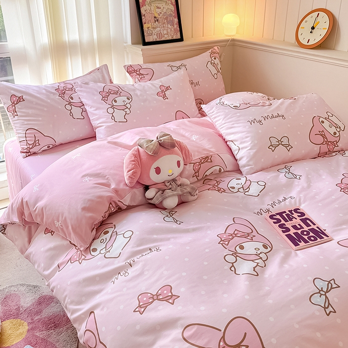 91家纺网 家纺一手货源 找家纺 顾里2024新款40支活性印花13372喷气全棉三丽鸥系列四件套 波点美乐蒂