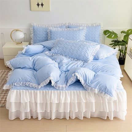 屹成 2024新款水洗棉雪纺丽莎款床裙款四件套 天蓝